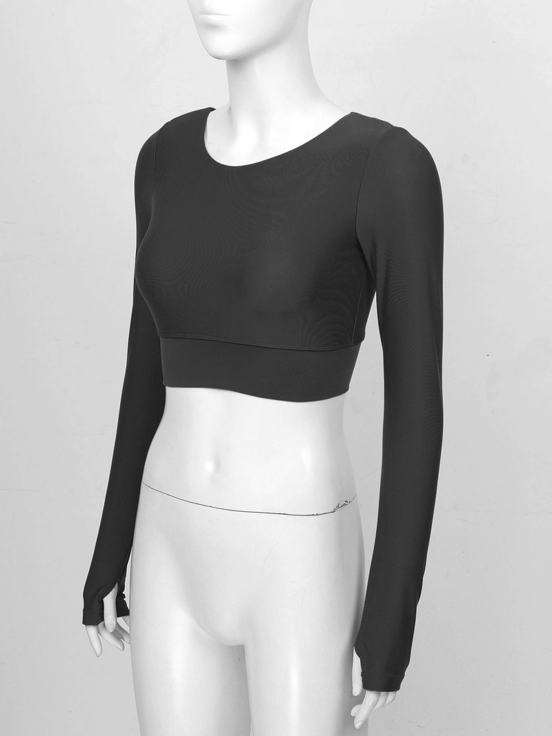 Black sports seamless long sleeves cropped top with O-neck and back cross straps, perfect for active wear and modern style.